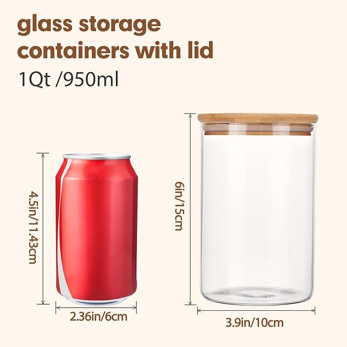 6pcs Glass Food Storage Containers with Bamboo Lids, 1qt Glass Jars | Airtight Pantry Storage Jars for Flour, Sugar, Dry Goods