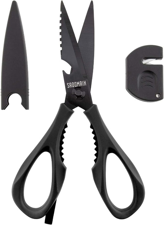 Kitchen Scissors All Purpose, Extra Sharp Kitchen Shears with Knife Sharpener & Sheath, Solid & Durable Stainless Steel Scissors with ANTI-RUST Black Titanium Plated, Dishwasher Safe - Black