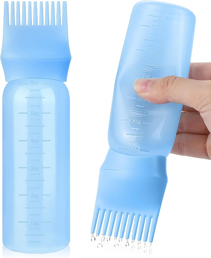 Pimoys 6Oz Root Comb Hair Dye Oil Applicator Bottles for Scalp, Blue | Plastic Squeeze Bottle Dispenser with Graduated Scale, Comb Tip Applicator For Hair Coloring Scalp Oiling, Home Salon Use