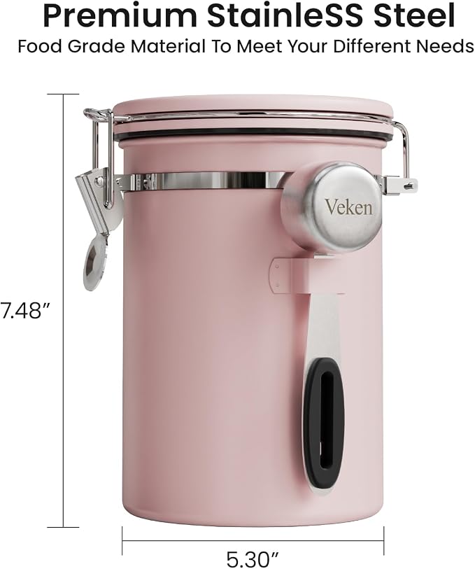 Veken Coffee Canister with Window, Airtight Stainless Steel Container, 22OZ | Date Tracker,Kitchen Food Storage Organizers for Beans, Ground, Espresso, Rice,Tea, Sugar,Cereal, Gifts,Lids,Jars,Scoop, Pink