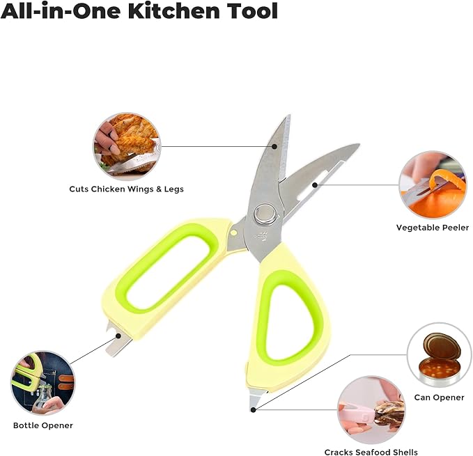 Zuutii Magnetic Kitchen Scissors, Heavy Duty Multi-Purpose Cooking Shears - Dishwasher Safe, Comfort Grip with Safety Lock Food Scissors for Chicken Bones, Herbs, Poultry, Vegetables,Yellow&Green