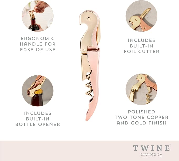 Twine Copper And Gold Double Hinged Waiter’s Corkscrew, Stainless Steel Wine Key with Foil Cutter, Double Hinged Corkscrew, Set of 1
