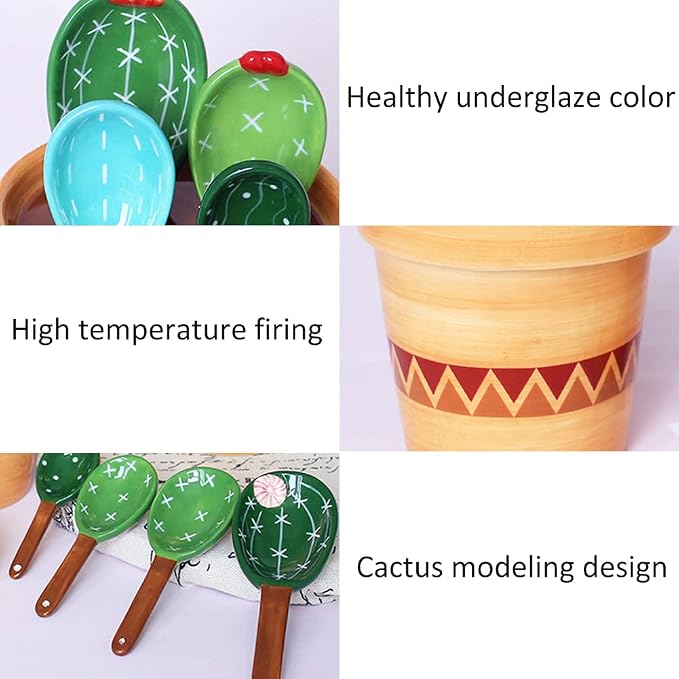 Ceramic Cactus Measuring Spoons with Holder Set of 5 Baking Measuring Spoons for Wet & Dry Ingredients Cactus Figurine Dishwasher Safe Mixed Colors 1 Tbsp 1 TSP 1/2 TSP 1/4 TSP 1 Cup Yellow