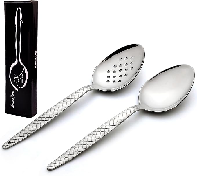 Chef Kunz Spoon | Pack of 2 | 9 inch 18/10 Stainless Steel Silver Plating Spoon | Non-Slip Grip Spoons for Basting, Quenelle, Serving, Sauces (Medium 2, kunz Spoon Set (2 piece)