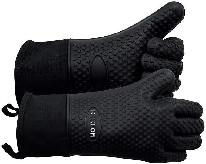 GEEKHOM BBQ Gloves Heat Resistant, 13.7 Inch Long Waterproof Silicone Oven Mitts for Grilling and Smoker, Non-Slip 5 Finger Kitchen Hot Mitts for Baking, Cooking & Cast Iron, Black