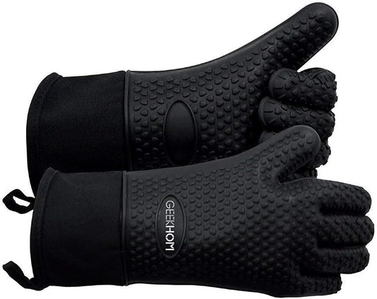 GEEKHOM BBQ Gloves Heat Resistant, 13.7 Inch Long Waterproof Silicone Oven Mitts for Grilling and Smoker, Non-Slip 5 Finger Kitchen Hot Mitts for Baking, Cooking & Cast Iron, Black