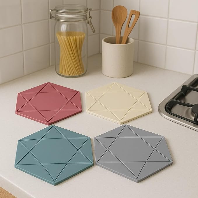 Silicone Hexagon Trivet Mats, 4-Pack – Heat-Resistant Hot Pads for Pots, Pans & Dishes – Flexible Non-Slip Kitchen Mats for Countertop, Coasters & Spoon Rests