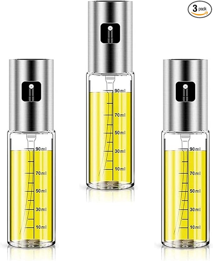 Honimered 3PCS 2 in 1 Oil Dispenser and Oil Sprayer,Oil Dispenser for Kitchen Spray,470ml Olive Oil Bottle,Cooking, Kitchen, Salad, Deep frying, Vinegar, Barbecue Spray Bottle (3PCS 100ml Silver)
