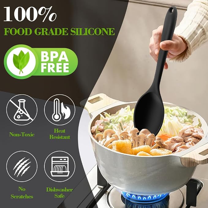 Silicone Spoons for Cooking, 2 Pcs Black Large Serving Spoon Heat Resistant Cooking Spoon Utensils Nonstick Mixing Kitchen Spoons for Cooking, Baking, Serving, Mixing and Stirring, Dishwasher Safe
