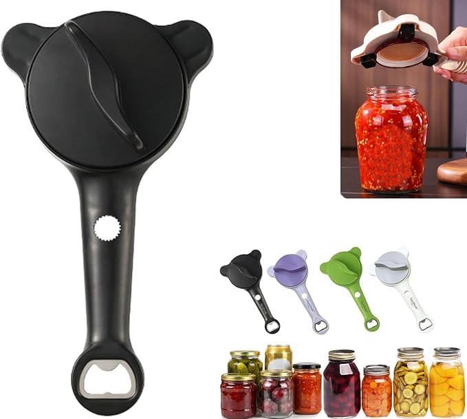 4-in-1 Multi-Functional Retractable Jar & Bottle Opener, Adjustable Stainless Steel Jar Opener for Seniors & Arthritis Sufferers,Suitable for 1''-3.5'' Jars, Bottles, Cans,Beer Caps (Black)