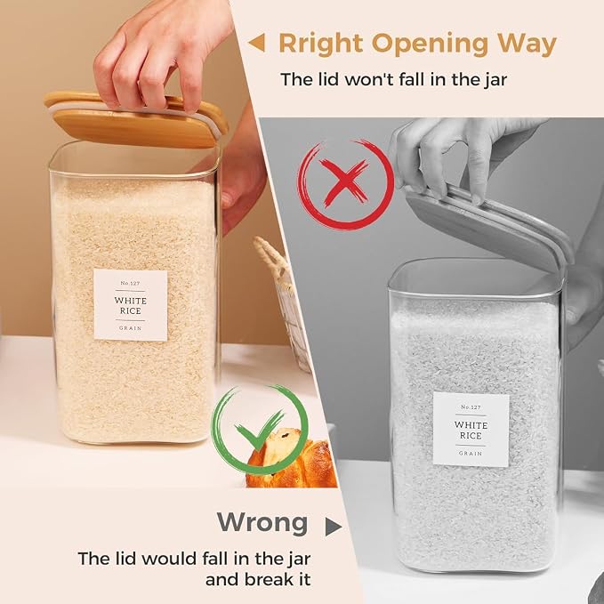 2 Pack large Square Glass Flour and Sugar Containers with 132 Kitchen Pantry Labels - Thicken 149 floz Glass Storage Jars with Airtight Bamboo Lid - Big Rice Canisters for Coffee, Pasta, Cereal