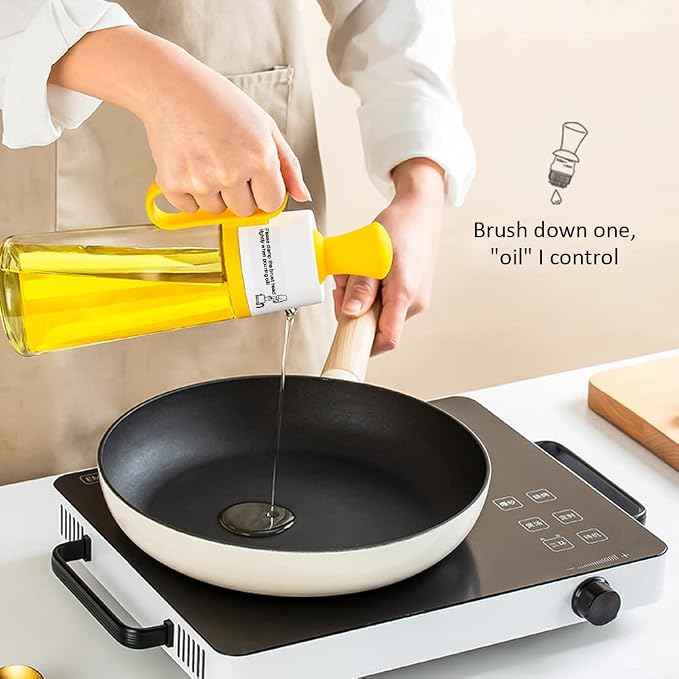 Oil Dispenser Bottle with Silicone Brush, 2 in 1 Dropper Measuring Glass Oil Bottle for Kitchen BBQ Grill Baking Air Fryer Oven (Yellow)