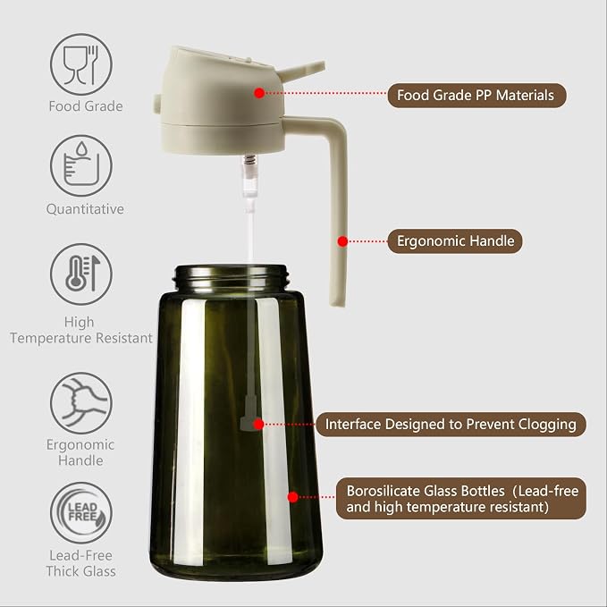 SWEET VIEW Olive Oil Dispenser and Oil Sprayer 16oz/470ml | Glass Light-Proof Oil Pourer for Kitchen with Stickers for Air Fryer, Cooking, Salad, and BBQ