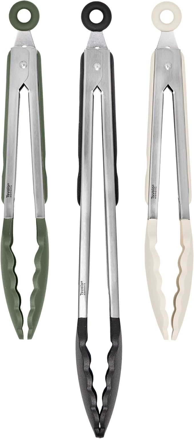 Tovolo Stainless Steel Tongs with Silicone Tip 9” 9” 12 Inch Oatmeal Thyme Green Black Heat Resistant Kitchen Tongs for Cooking Grilling Air Fryer, Stainless Steel Dishwasher Safe Metal Tong Set of 3