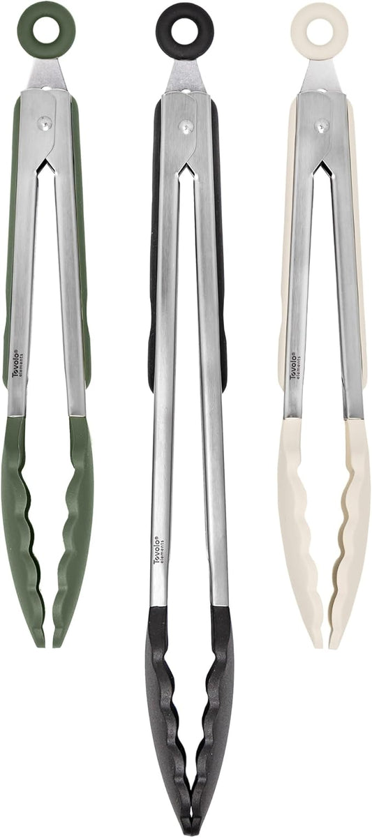 Tovolo Stainless Steel Tongs with Silicone Tip 9” 9” 12 Inch Oatmeal Thyme Green Black Heat Resistant Kitchen Tongs for Cooking Grilling Air Fryer, Stainless Steel Dishwasher Safe Metal Tong Set of 3