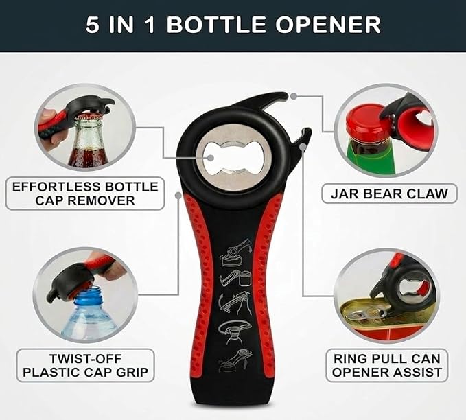 Jar Opener Bottle Opener for Weak Hands, Seniors with Arthritis 4PC-Set - Jar Lid, Can & Water Bottle Opener, Corkscrew Wine Opener, Non-Slip Rubber Jar Opener & Gripper Pad - Gifts for Parents