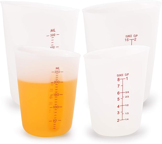 Hedume Set of 4 Silicone Flexible Measuring Cups with Marking, 2 Pack 8 Ounces(1-cup) and 2 Pack 16 Ounces(2-cup) Squeeze and Pour Silicone Measuring Cup Set