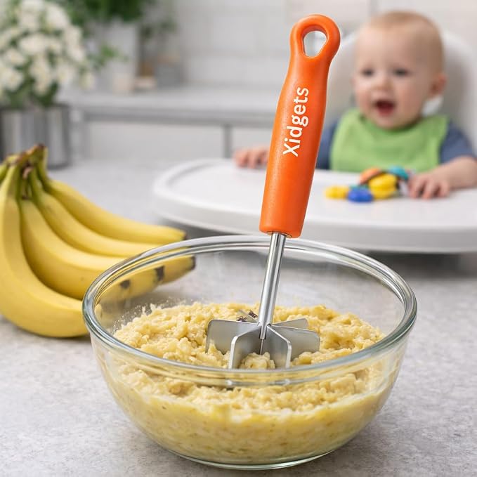Stainless Steel Mini Meat Chopper & Cocktail Muddler| 6-Blade Chopper Tool | Small Smasher | Compact Ergonomic Handle | Dishwasher Safe - 7" (Retro Orange Mini)