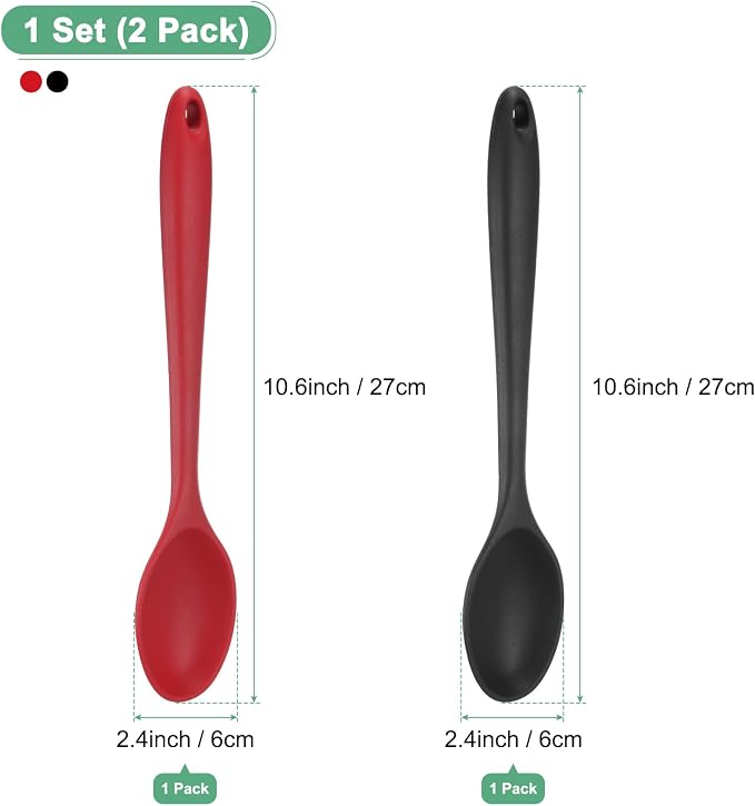 M METERXITY 2-Pack Silicone Spoons for Cooking, 10.6" Mixing Nonstick Slotted and Solid Serving Spoons Heat Resistant Utensils Spoon for Kitchen/Cooking/Baking/Stirring Mixing Tool [Red/Black]