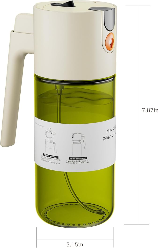 LAKUMIQI 2 in 1 Oil Sprayer for Cooking, 17oz | Light-Blocking Glass Spray Bottle with Stickers, Oil Dispenser for Salad, Air Fryer & BBQ