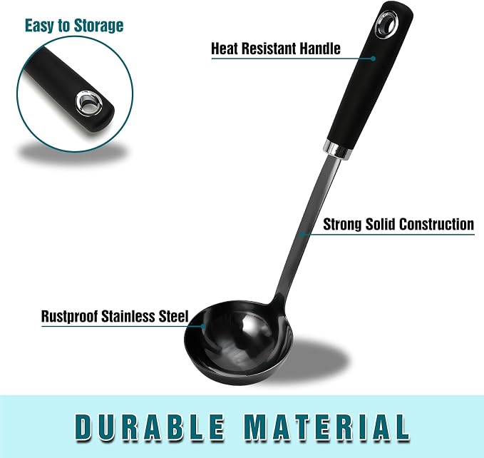 Black Stainless Steel Soup Ladle, 12 Inch Metal Ladle Spoon with Ergonomic Handle for Soup, Stew, Sauce, Chili, Gravy and Serving, Dishwasher Safe