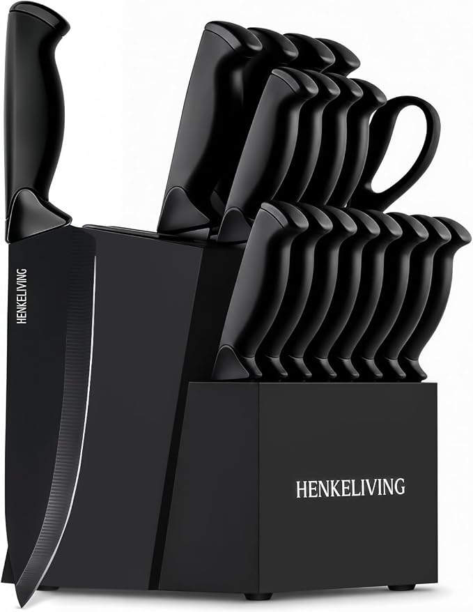 Knife Set, 19-Piece Dishwasher Safe Black Kitchen Knife Block Set with Built-in Sharpener, Stainless Steel Cutlery Set for Everyday Prep, Steak Nights and Modern Kitchens