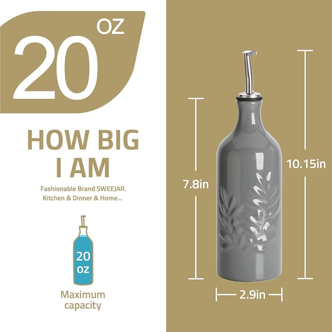 Sweejar Ceramic Olive Oil Dispenser Bottle, 20 Oz Relief Opaque Oil Cruet Protects Oil To Reduce Oxidation, Suitable for Storage Vinegar, Soy Sauce, Coffee Syrup, Liquids, Set of 1 (Dark Gray)