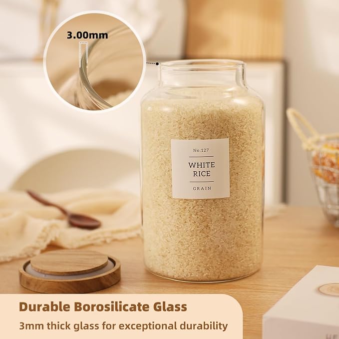 2 Pack Large Glass Flour and Sugar Storage Containers with Airtight Acacia Lids and 132 Kitchen Pantey Labels Preprint - 95 LF OZ Borosilicate Glass Canister Sets for Food,Spaghetti,Cookie,Rice