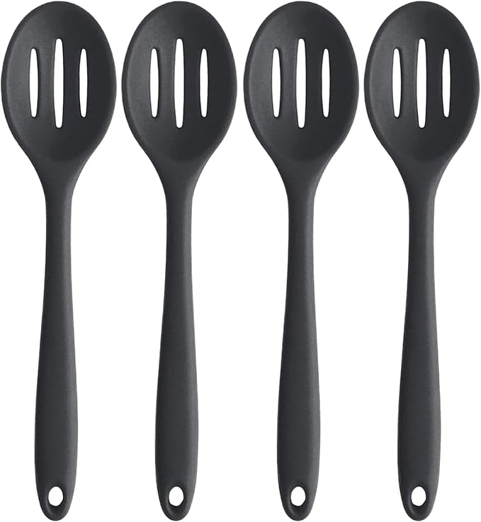Linwnil 4 Pieces Silicone Slotted Spoons,10.6 Inch Nonstick Mixing Serving Spoons for Kitchen Cooking Bake Stir Draining Tool (4, Black)