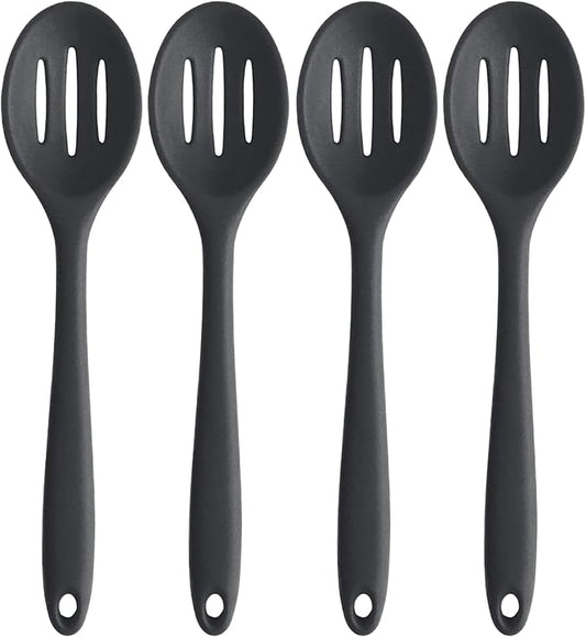 Linwnil 4 Pieces Silicone Slotted Spoons,10.6 Inch Nonstick Mixing Serving Spoons for Kitchen Cooking Bake Stir Draining Tool (4, Black)