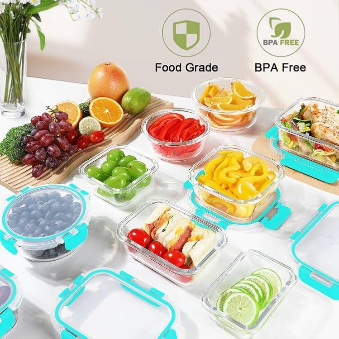 BAYZZ 24 Piece Glass Food Storage Containers with Lids, Airtight Glass Meal Prep Containers for Kitchen, BPA-Free Lunch Box, Microwave and Freezer Safe,Green