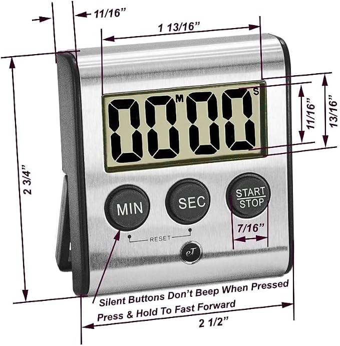 Elegant Digital Kitchen Timer Stainless Steel - Loud Alarm - Model eT-23