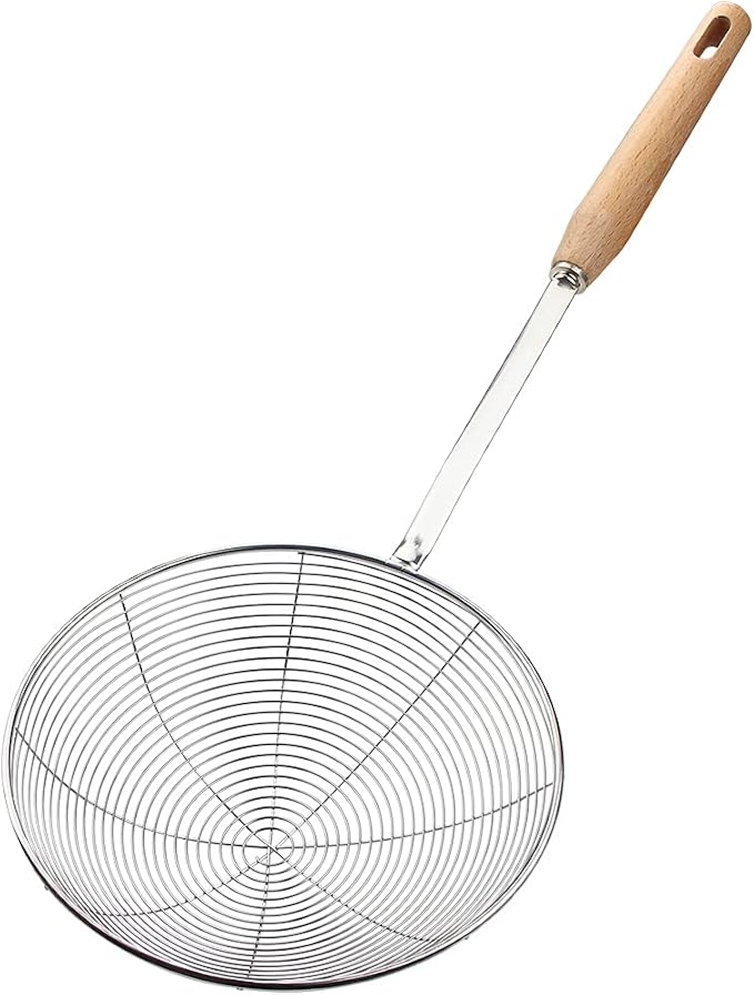 Extra Large Spider Strainer 7.9-Inch, Stainless Steel Skimmer with Wood Handle, Ideal for Frying, Pasta, and Noodles