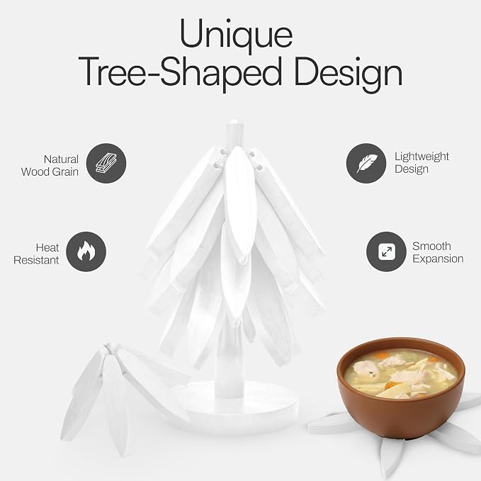 Wooden Trivets for Hot Dishes – Tree Trivet Set with 4 Foldable Wooden Trivets & 1 Stand, Heat-Resistant, Space-Saving Trivet Tree for Pots, Bowls & Teapots (White)