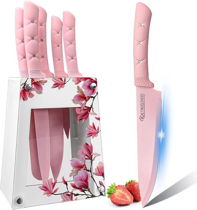 Kitchen Knife Set, Retrosohoo Pink Flower 6PC Stainless Steel Sharp Chef Cooking Non-slip Knife Set with Acrylic Stand & Block, Non-stick Colorful Coating Gift for Women Girls (Pink)