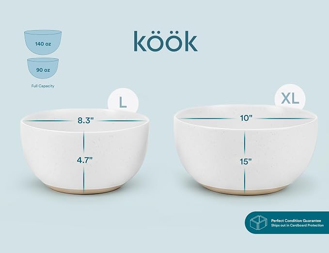 KooK Mixing Bowls, Ceramic Nesting Bowls, Stoneware Kitchen Bowls, For Prep, Serving, Dishwasher Safe, 18/40/90/140 oz, Set of 4, Moonstone