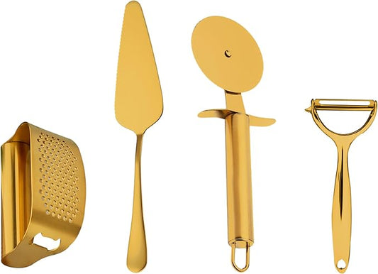 Luxury Gold Kitchen Accessories Set – Super Sharp Pizza Cutter Wheel, Garlic Press Rocker, Y Peeler, Serrated Pie & Cake Server – Premium Titanium-Coated Stainless Steel Flatware