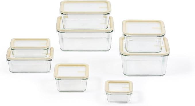 Glasslock Sens 16Pcs Glass Food Storage Set – Airtight & Leakproof, 8 Different Sizes, Anti Slip Lid, Microwave & Oven Safe, Perfect for Meal prep, Lunch Box, Nestable & Stackable, Pantry Storage