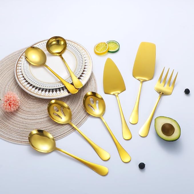 Gold Serving Utensils,8 Pcs Stainless Steel Serving Set with Serving Spoons,Serving Fork,Soup Ladle,Lasagna Server,Pie Server,Polished Serving Utensil Set for Buffet Parties Home,Dishwasher Safe