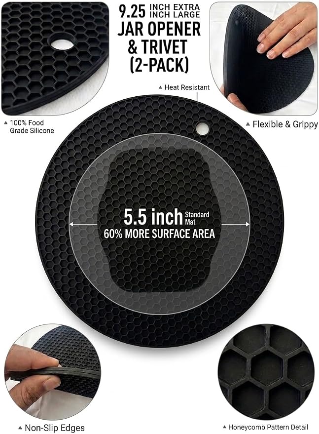 Extra Large 9.25" Silicone Jar Opener (2 Pack) – Non-Slip Thick Rubber Grip Pad for Weak Hands, Seniors & Arthritis – Opens Tight Jar Lids, Bottle Caps – Heat Resistant Trivet & Hot Pad