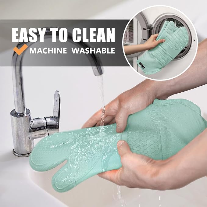 Rorecay 6pcs Oven Mitts and Pot Holders Sets Heat Resistant 500 Degrees, Extra Long Silicone Oven Gloves Non-Slip Potholders Hot Pads for Kitchen Baking Cooking, Quilted Liner, Bermuda Teal