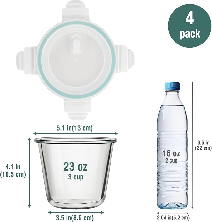 3 Cup/23oz Meal Prep Containers With Lids, Sourdough Starter Jar, 4 Pack | Borosilicate Glass, Food Storage, Airtight, Heat-Resistant, BPA-Free, Microwave Oven Dishwasher Freezer Safe