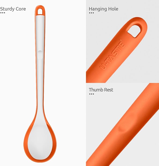 600ºF Heat Resistant Silicone Spoons: U-Taste 13.3in Solid & Slotted Kitchen Cooking Spoon, Nonstick Long Rubber Utensil, Sturdy for Mixing, Serving, Stirring, Frying, Draining (Orange, 2PCS)
