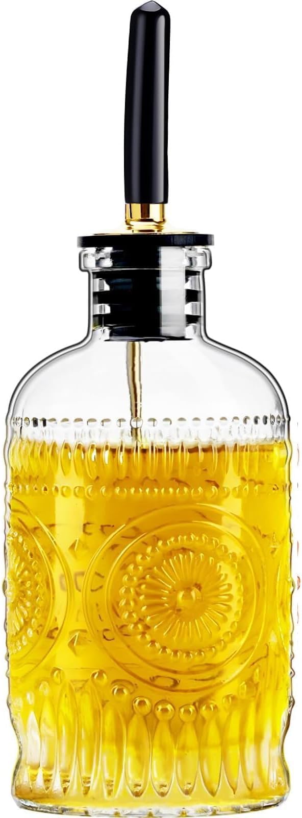 gegewawa Glass Olive Oil Dispenser Bottle, Small 7oz, Metal Spout, 1 Pack | This small olive oil dispenser has embossed glass for grip and vintage kitchen style; its clear body shows when to refill