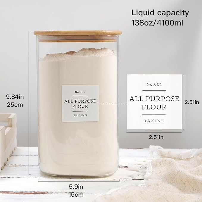 HHMJSM Large glass flour and sugar containers with 132 Kitchen Pantry Labels - 138 FL OZ Glass Food Storage Containers with Airtight Lids - Square Glass Jars Rice with Bamboo Lids