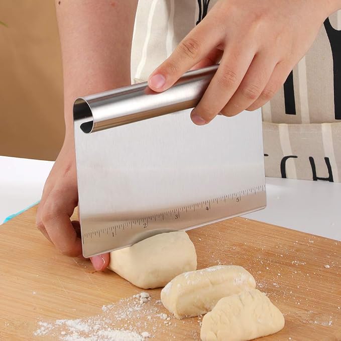 Pastry Bench Scraper,Scraper with Measurements,Stainless Steel Chopper,Sharp Flakes&Non-Stick,for Chocolate Cakes, Pastry/Cinnamon Rolls/Dinner Rolls/Pizza/Pasta (Silver)