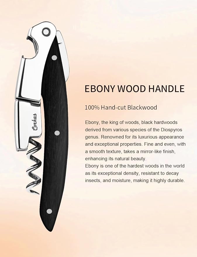 Wine Key - CORKAS Prestige Waiter Corkscrew with Ebony Handle, Handcrafted Wine Opener Manual with Double Hinged, Foil Cutter and Bottle Opener, Ideal Gifts for Sommelier, Bartenders, Servers