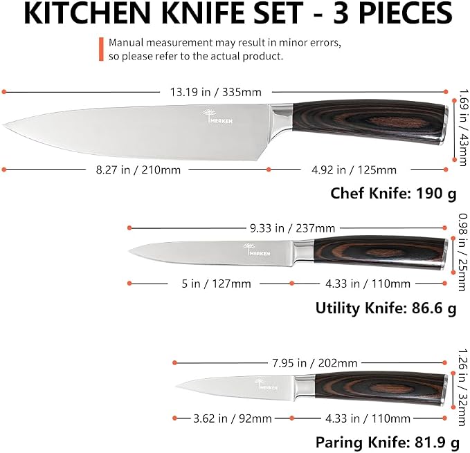 MERKEN 3 Piece Kitchen Knife Set with Gift Box, 8 inch Chef Knife, 5 inch Utility Knife and 3.5 inch Paring Knife
