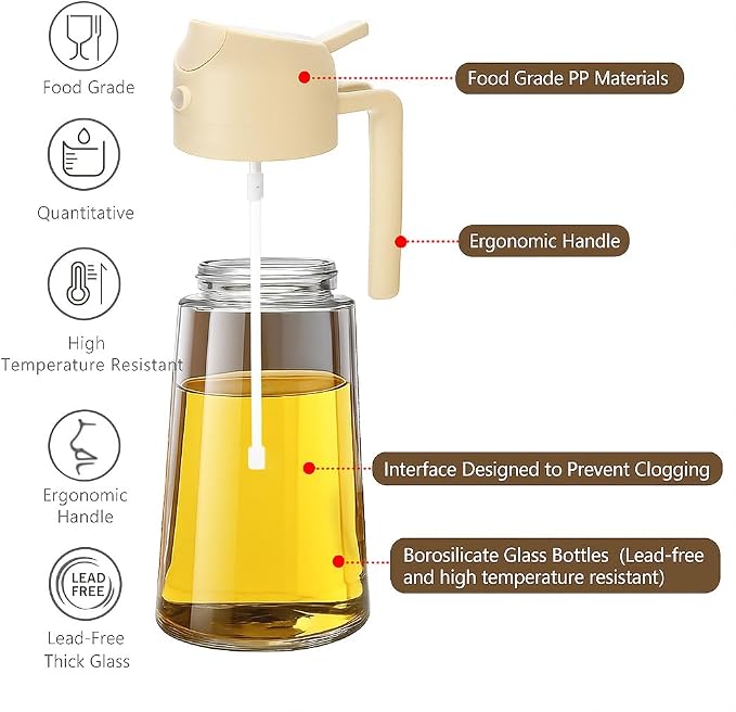 2 in 1 Olive Oil Sprayer & Dispenser Bottle – 470ml/16oz Glass Spray and Pour Oil Bottle for Cooking, Air Fryer, Salad, BBQ – Kitchen Gadgets & Accessories (White)