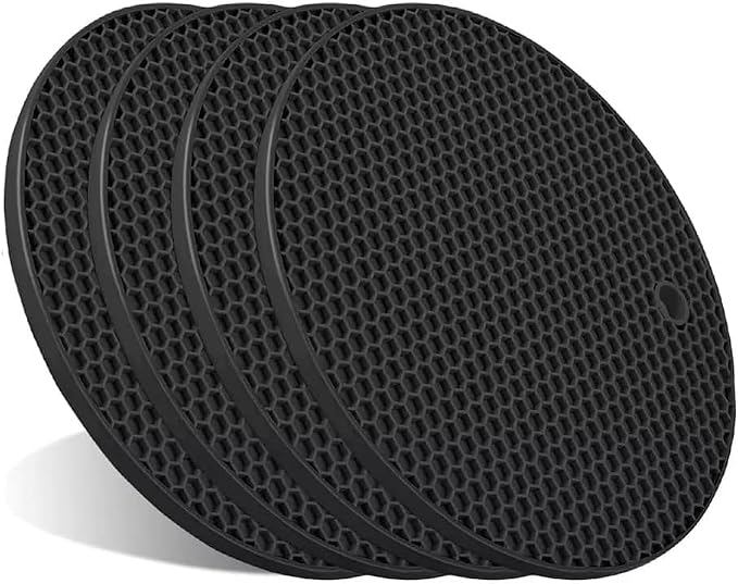 Silicone Trivet Mats, 4-Pack Heat Resistant Pot Holders – Non-Slip Flexible Silicone Hot Pads for Pots, Pans, Countertops & Table Protection (Black - 4 Pack, 7 Inch)